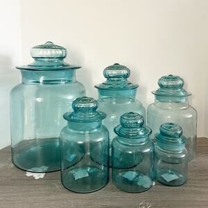 Vintage Light Teal Space Age Takahashi Apothecary Glass Jar Set of 6 Daisy Lids